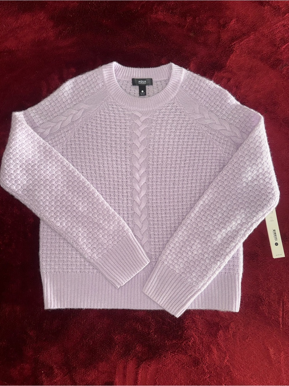 NWT AQUA Women’s 100% Cashmere Cable-Knit Crewneck Pullover Sweater Purple S